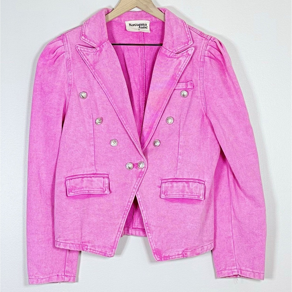 Savanna Jane Womens Pink Denim Double Breasted Blazer Jacket Size M Puff Sleeve